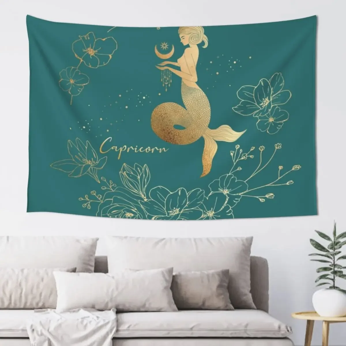 Capricorn Woman Mermaid in the Stars Holding the Moon Surrounded by a Floral Wreath - Teal Tapestry