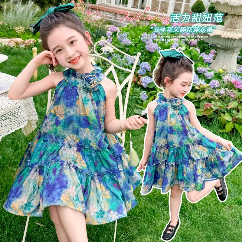 Girls' flower neck dress children's blue princess dress summer girls' sleeveless dress