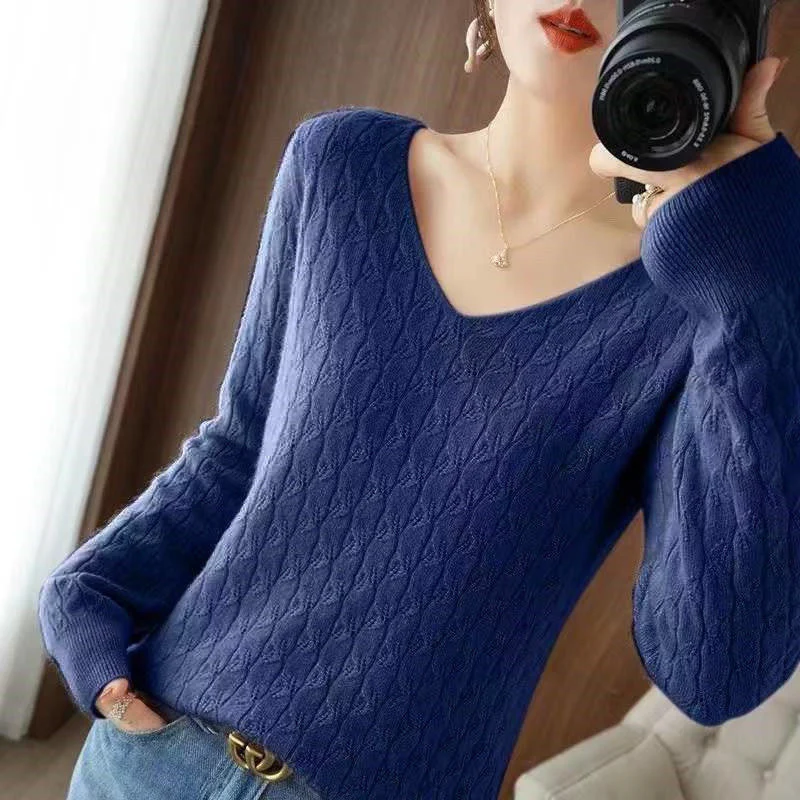 Women Fashion Elegant Hollow V-neck Long Sleeve Soft Knitted Sweater Autumn Winter Casual Solid Loose Basic Pullover Top Jumpers