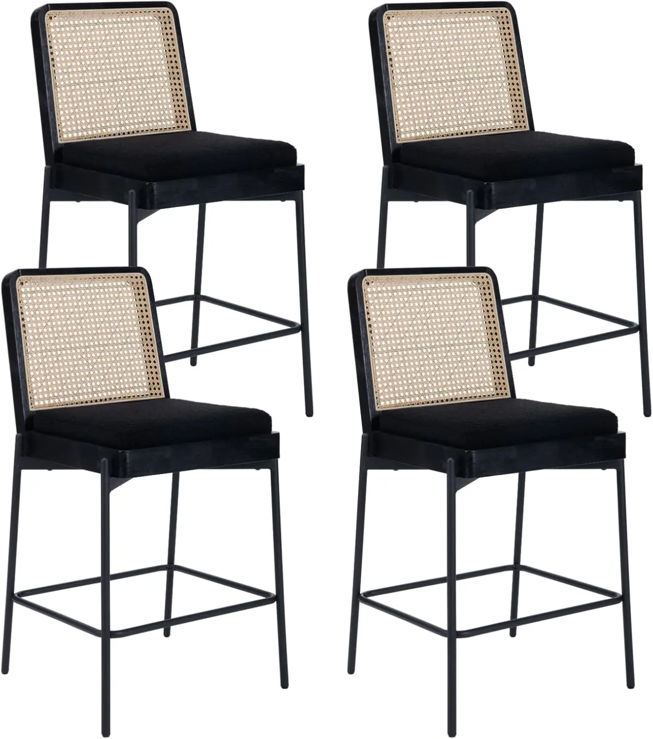 

Modern Bar Stools Set of 4, 26" Counter Height Stool w/ Rattan Back, Sherpa Upholstered Kitchen Island Chair Barstools ,Black