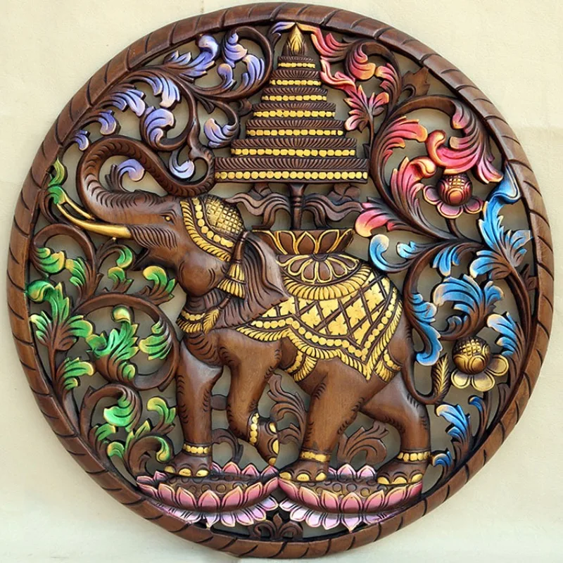 Crafts Hollow Solid Wood Round Elephant Carving Board Hanging Board