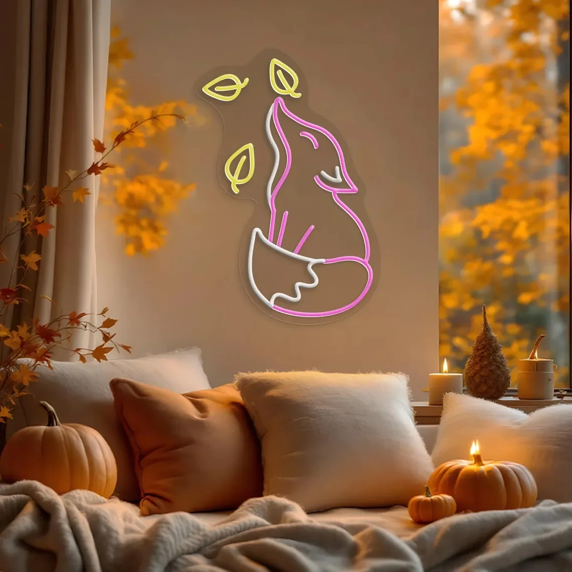Fox with Autumn Leaf Neon Sign Cute Animal Wall Decor Custom Neon Sign