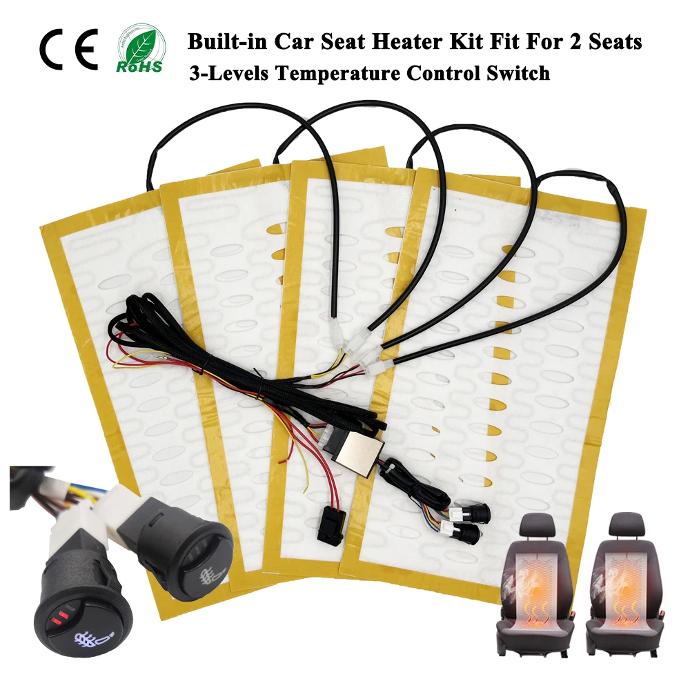 Universal Built-In Car Seat Heater Kit 12V Alloy Wire Fast Heating Pads with 3-Level Heated Round Switch System Fit 2 Seats