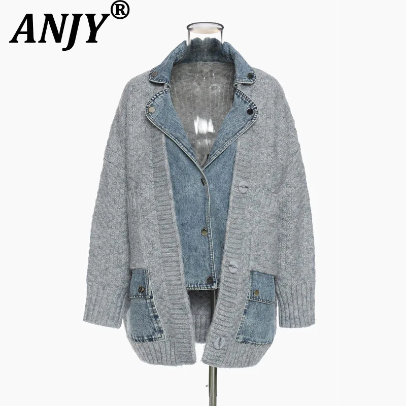 

ANJY Autumn Winter New Women Ins Streetwear Sweater Patchwork Denim Fake Two-Piece Turn-down Collar Pockets Thickened Coat A7743