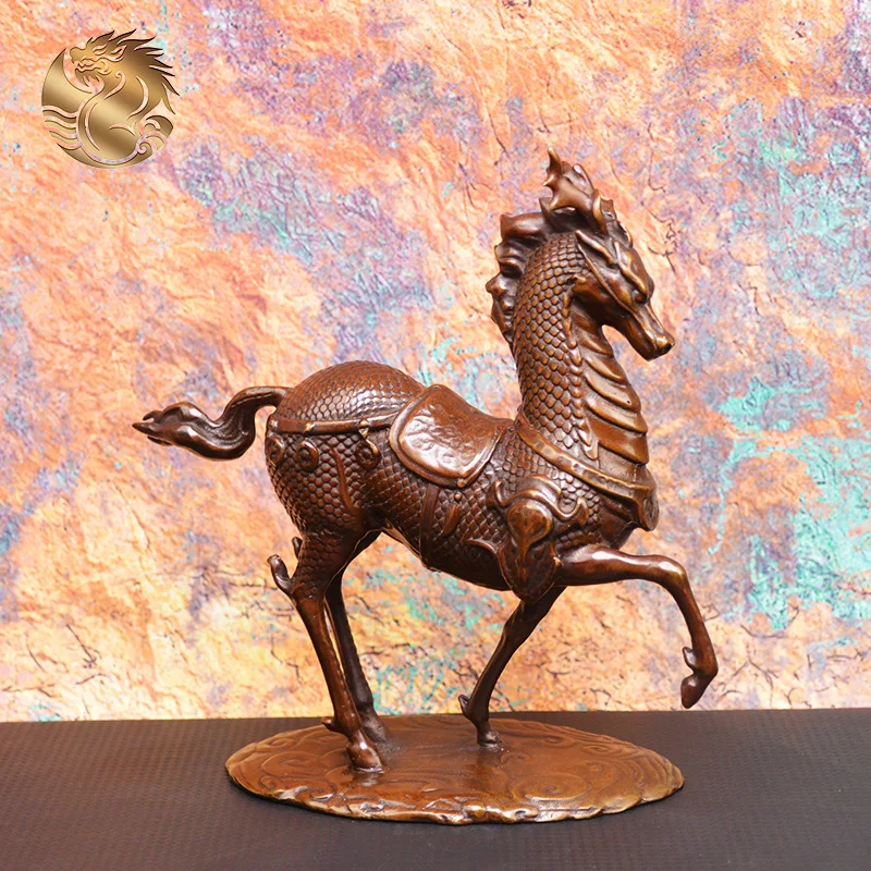 All-brass, antique-style, patinated dragon and horse figurine, a symbolic gift for the entrance hall, a bronze horse ornament