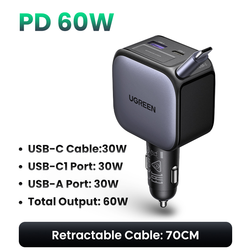 UGREEN 145W 90W 60W Car Charger 3 USB-C & 1 USB-A Ports PD QC4.0 Fast Charging with Retractable Cable for iPhone 15 Pro MacBook
