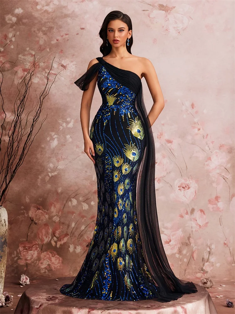 Luxury Slanted Shoulder Sequins Evening Dresses Woman Waist-cinching Mermaid Wedding Party Elegant Long Formal Prom