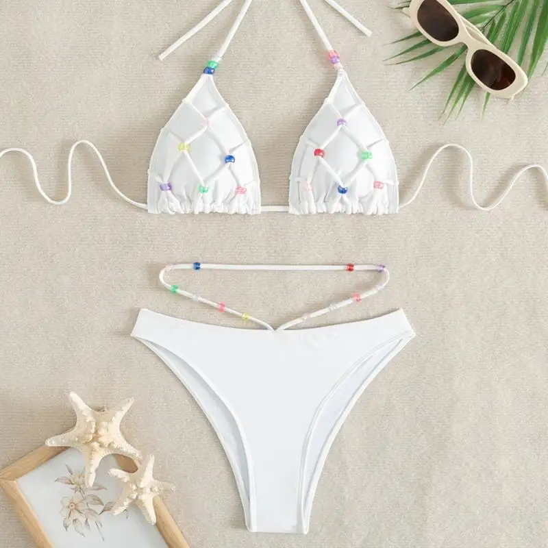 

Summer Beach Vacation Swimsuit Pearl White Neck Tie Bikini Sexy Backless Triangle Bag Two-piece Set