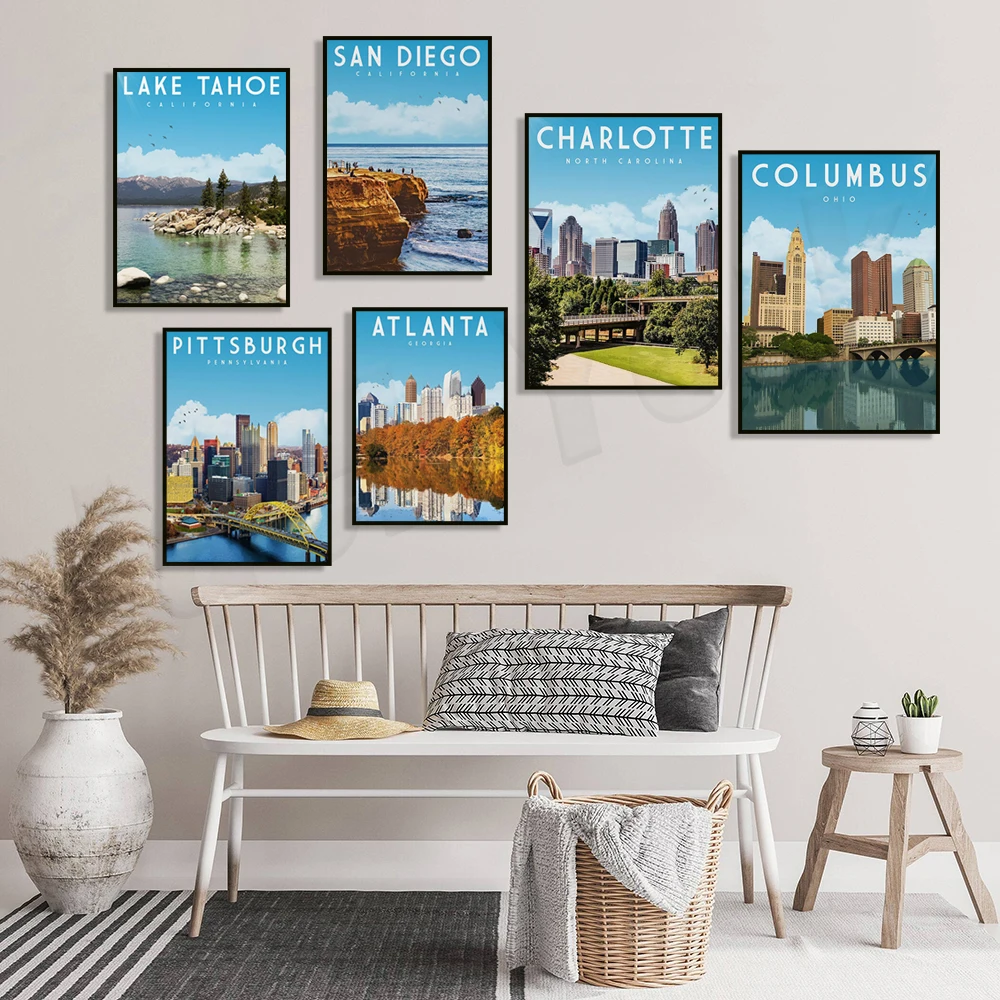 Lake Tahoe, Pittsburgh, Columbus, Cleveland, Arizona, New Orleans, Huntington Beach Pier, Illinois, Atlanta city travel posters