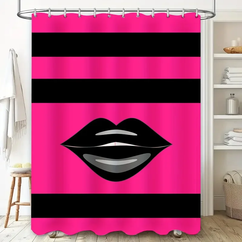Bright Pink Black Striped Shower Curtain with Lip Design for Bathroom Decor Waterproof Bath Liner view 2