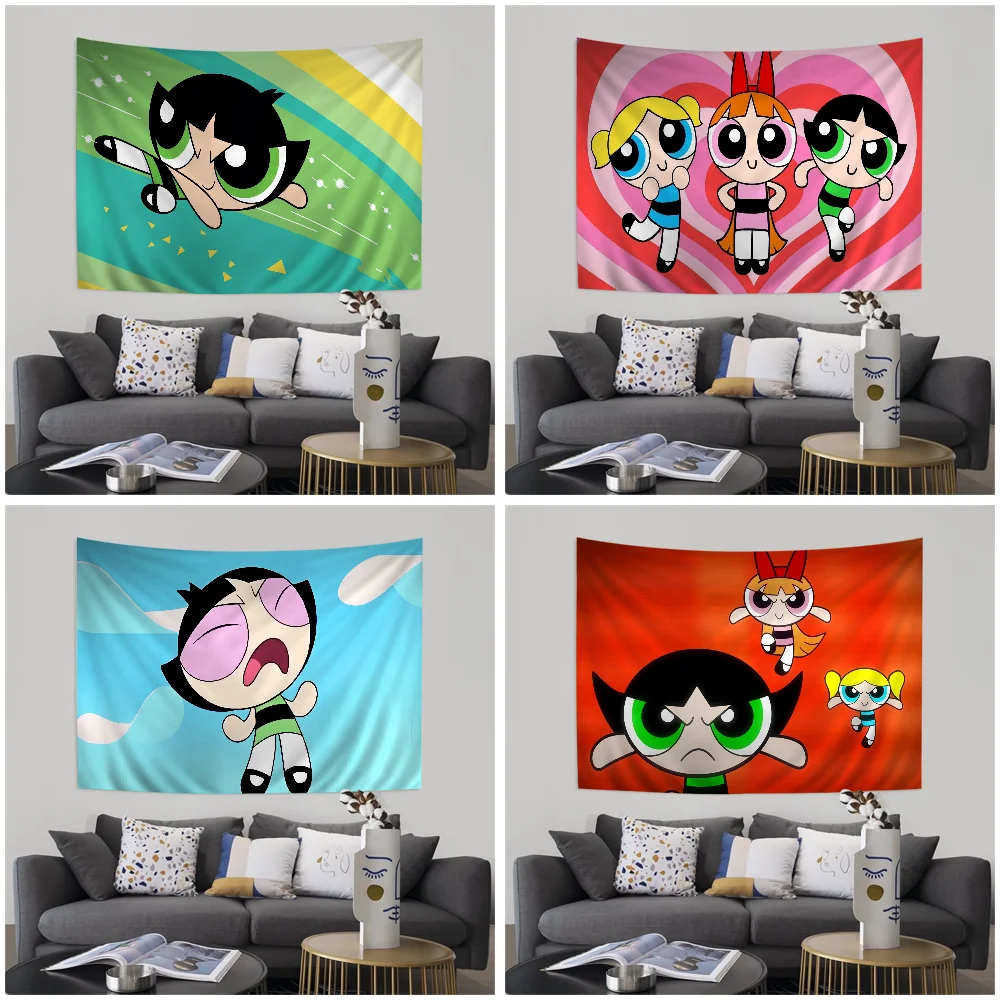 T-The P-Power PuffS G-Girls Cartoon Colorful Tapestry Wall Hanging Hippie Flower Wall Carpets Dorm Decor Wall Art Decor