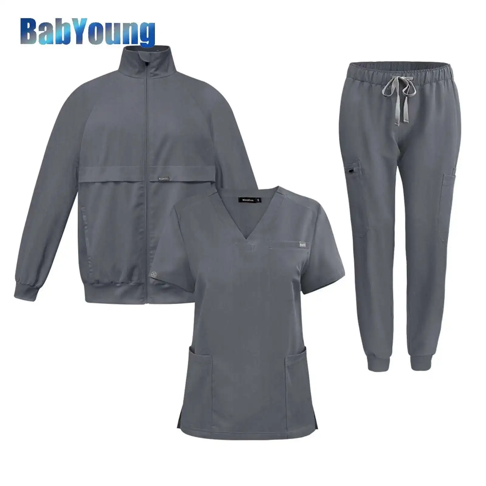 Unisex 3-Piece Set Scrub Suits Medical Doctor Nurse Work Top Uniform Bottoms Simple More Pockets Dental Scrubs Pants SPA Nursing