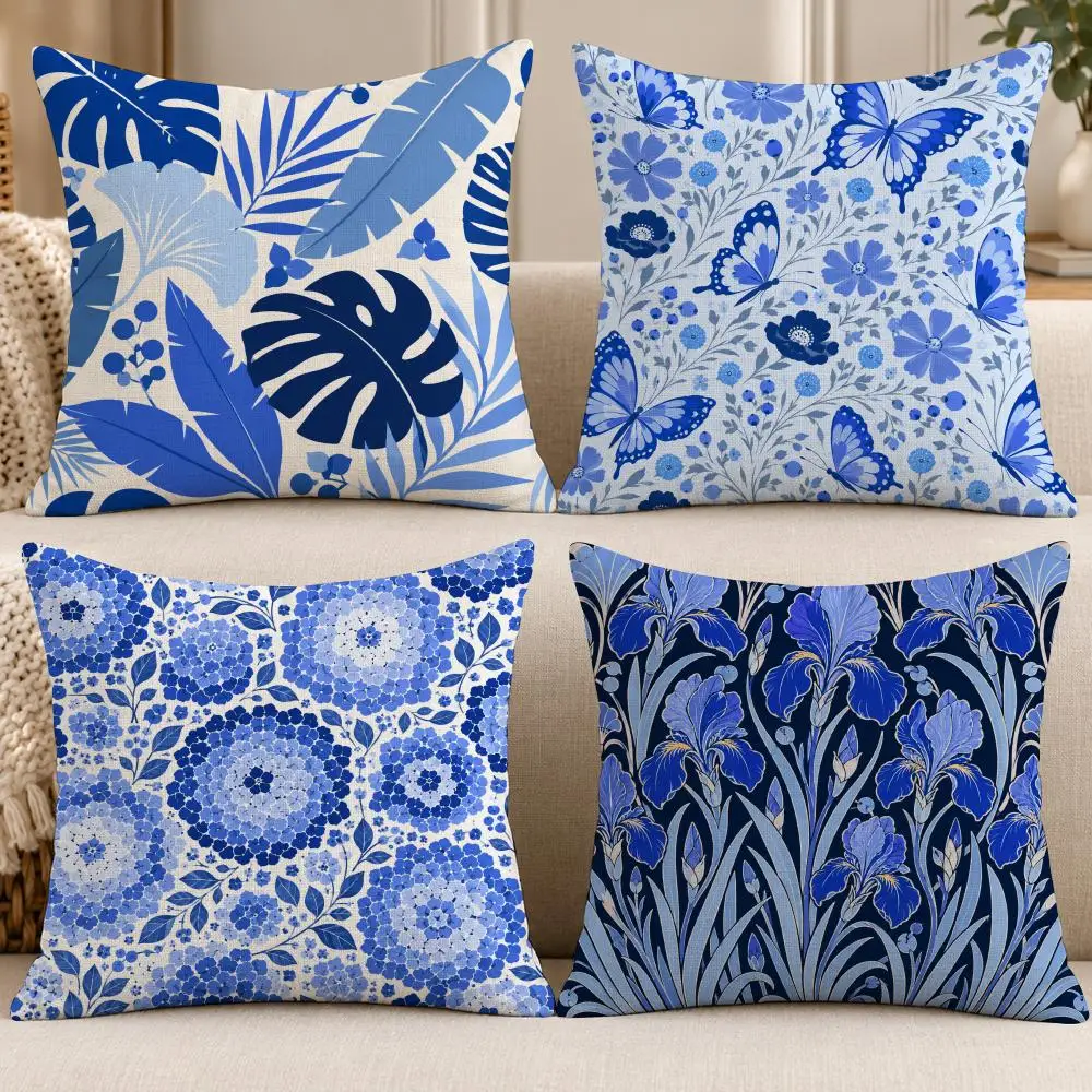Floral Classic B-Blue and White Floral Cushion Cover Soft Short Cover Washable Sofa Bed Dorm Garden Home Office Chair Decor