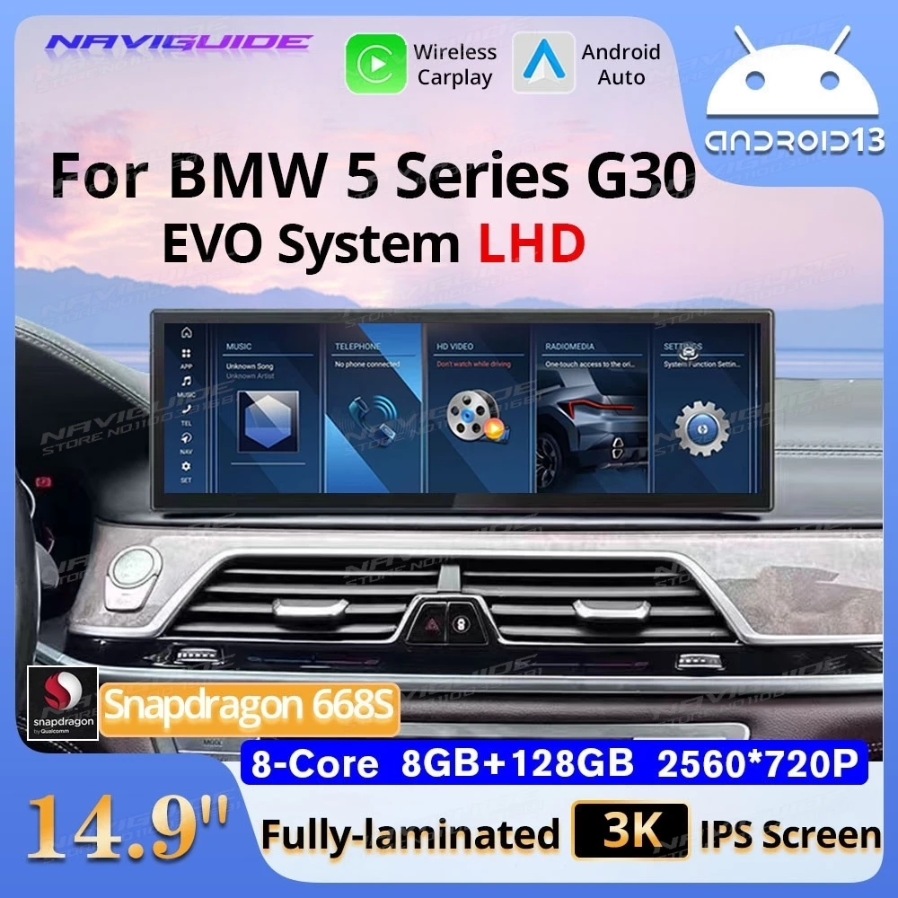 

NAVIGUIDE 14.9'' 4G+64G Carplay Auto For BMW 5 Series G30 G31 LHD EVO System Car GPS Navi Multimedia Video Player BT Headunit