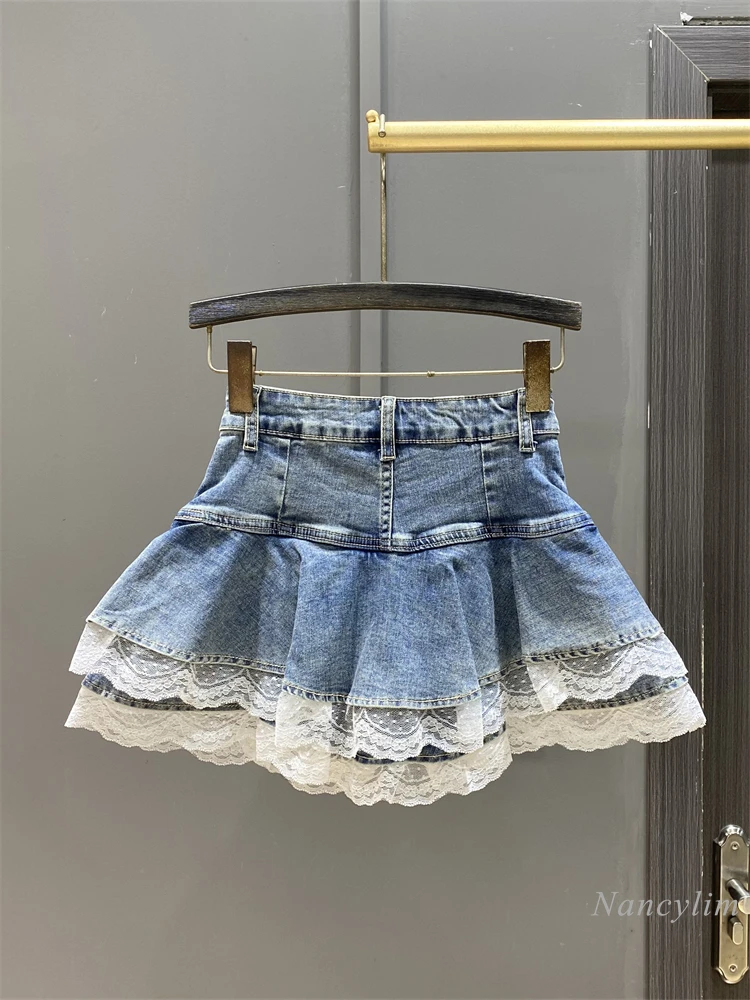 2025 Spring Women's Sweet Lace Pocket Splicing Denim Skirt High Waist Fluffy Cake Skirt