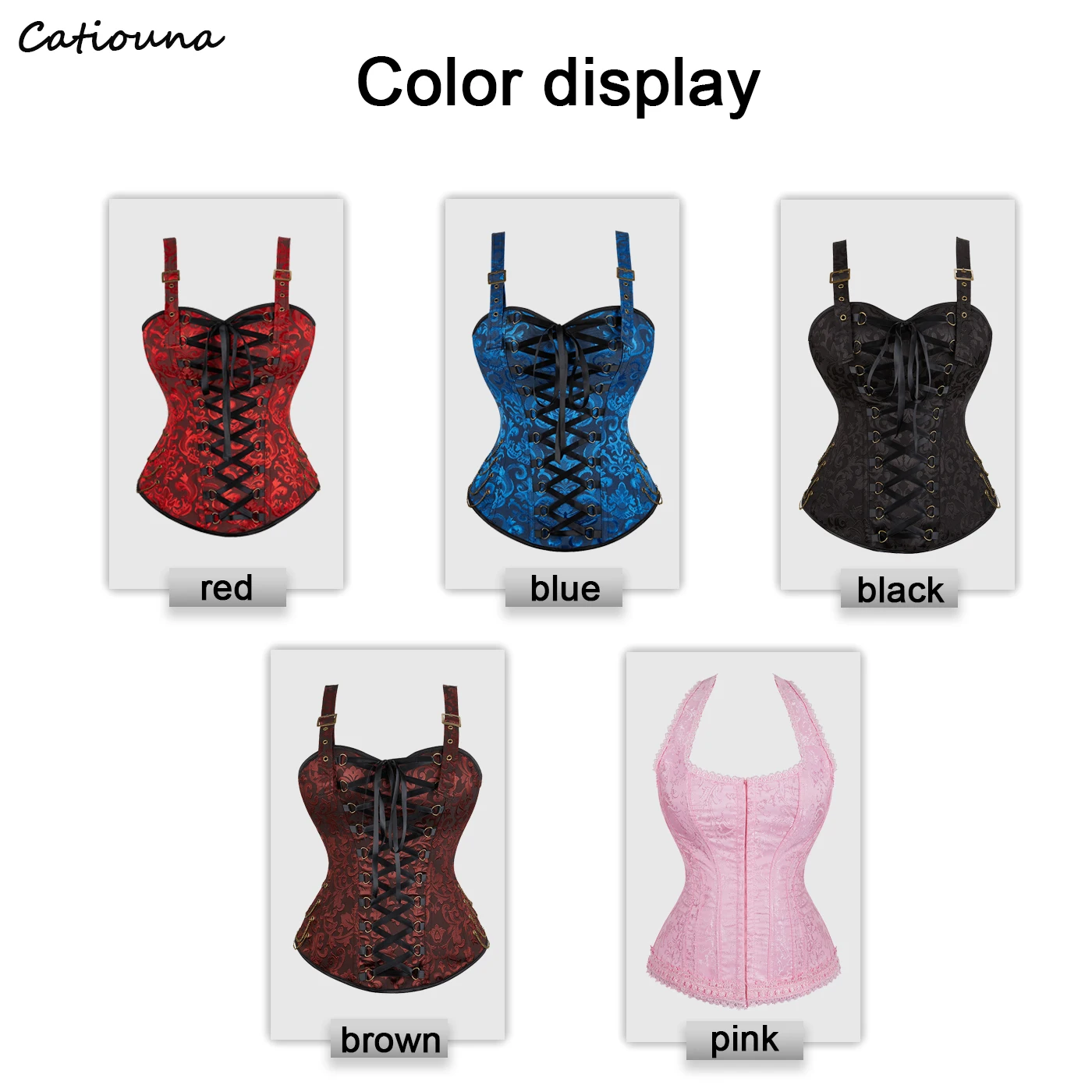 Overbust Corset Top with Straps Jacquard Corset Bustier Plus Size for Women Vintage Medieval Corset Black Red Blue Brown