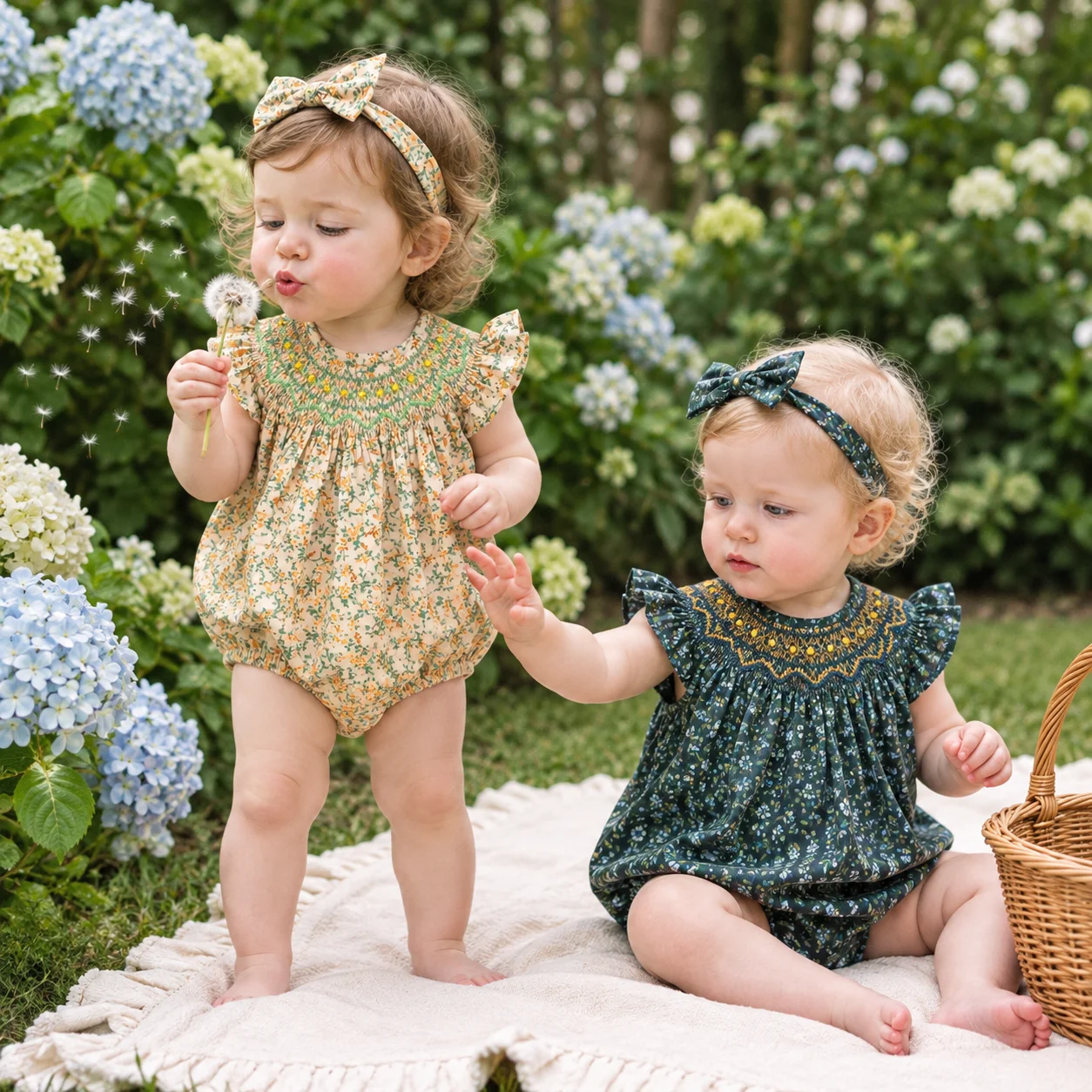 Vintage Infant Baby Girl Smocked Romper Floral Prints Jumpsuit with Bow Headband Sweet Toddler Girl Ruffle Sunsuit Summer Outfit