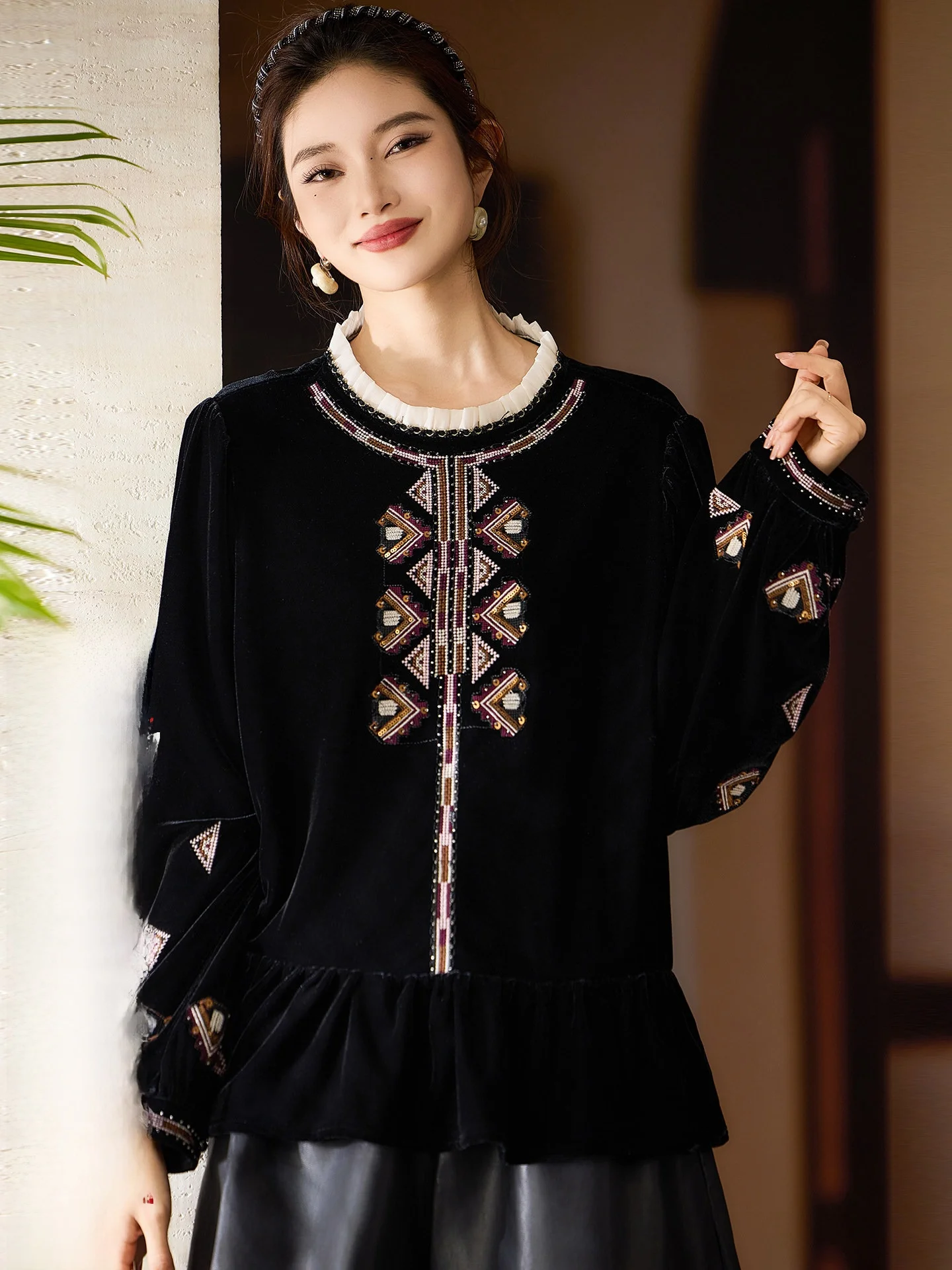 

Ele Bla Embroidered Velvet irt Women's Spring New Sle Large Size European Sle irt Comfortable Breathable Long S...