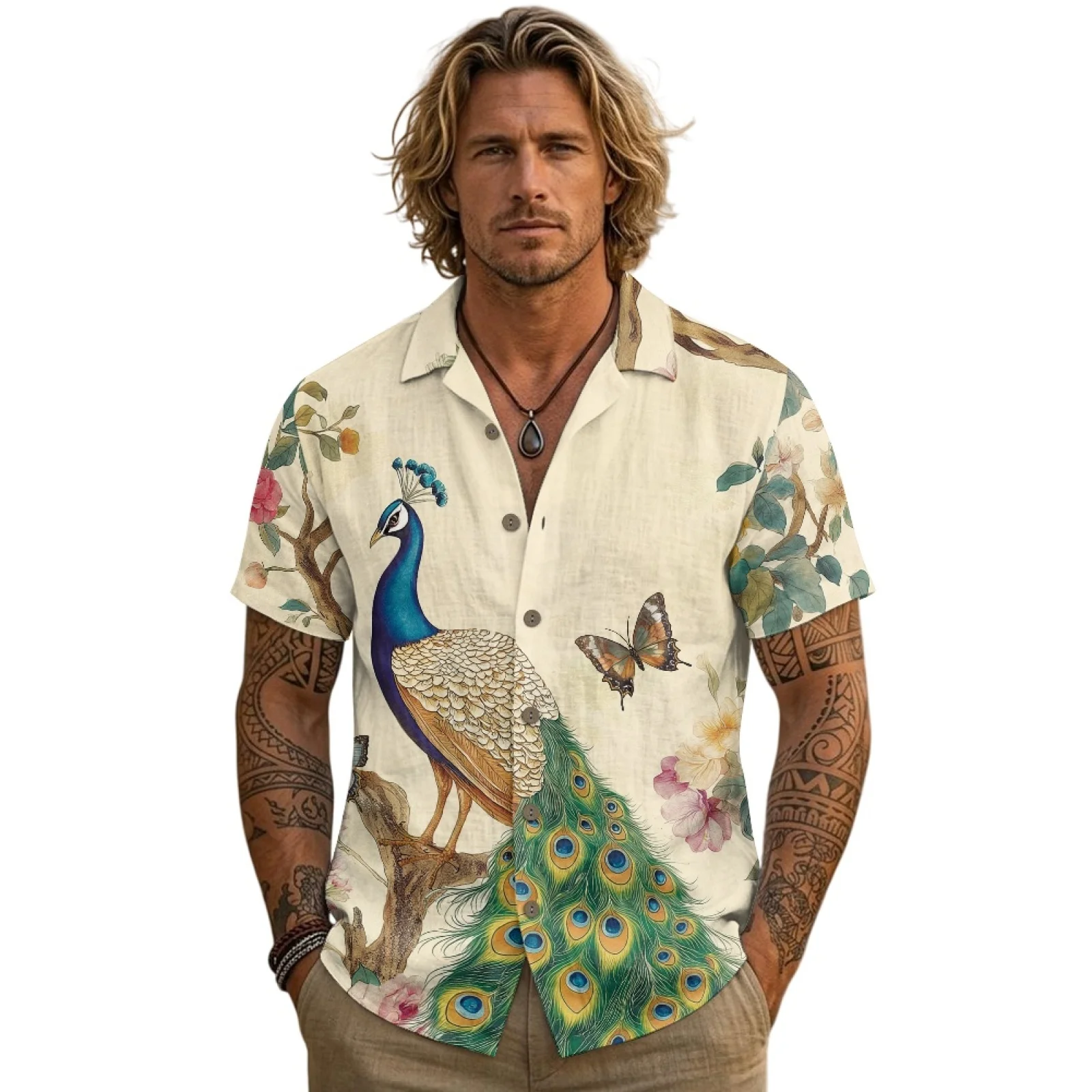 PENSTROLL Peacock Linen Style Short Sleeved T-shirt Lapel Button Down for Men Casual Men's Short-Sleeved Shirts