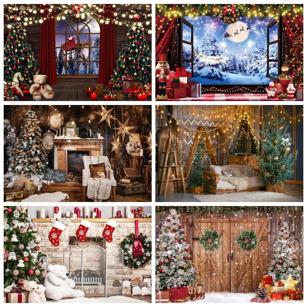 Christmas Background Photography Xmas Tree Window Fireplace Family Party Decor Banner Baby Portrait Photocall Backdrop