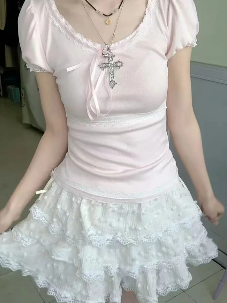 

France Summer Lace Sweet Skinny T-shirts Women Vintage Design Short Sleeve O-neck Pink Slim Tees Hot Girl Sexy Bow New Clothing