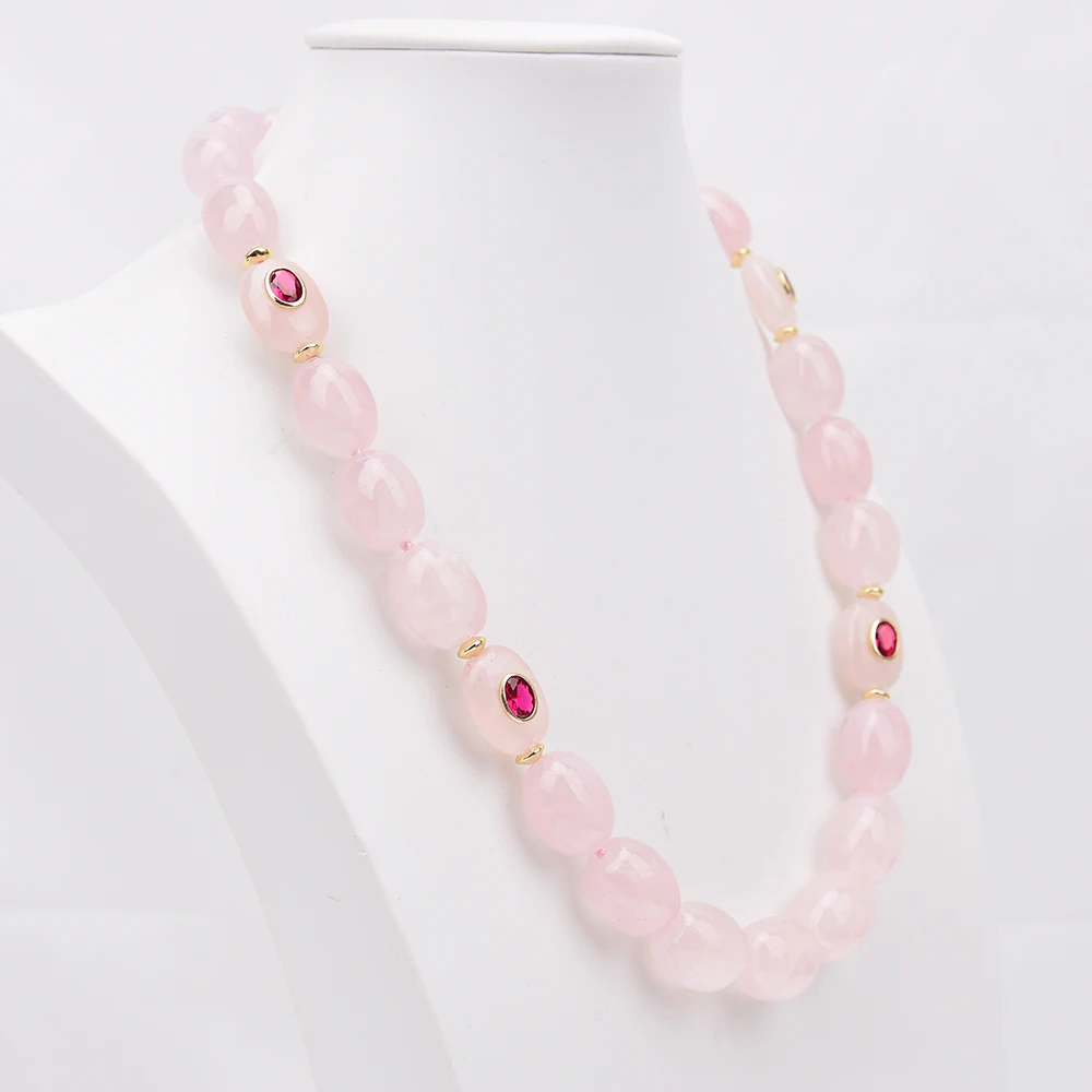 G-G Natural Pink Rose Quartz Nugget Rose Zircon Paved Spacer Beads Chokers Necklace 20''