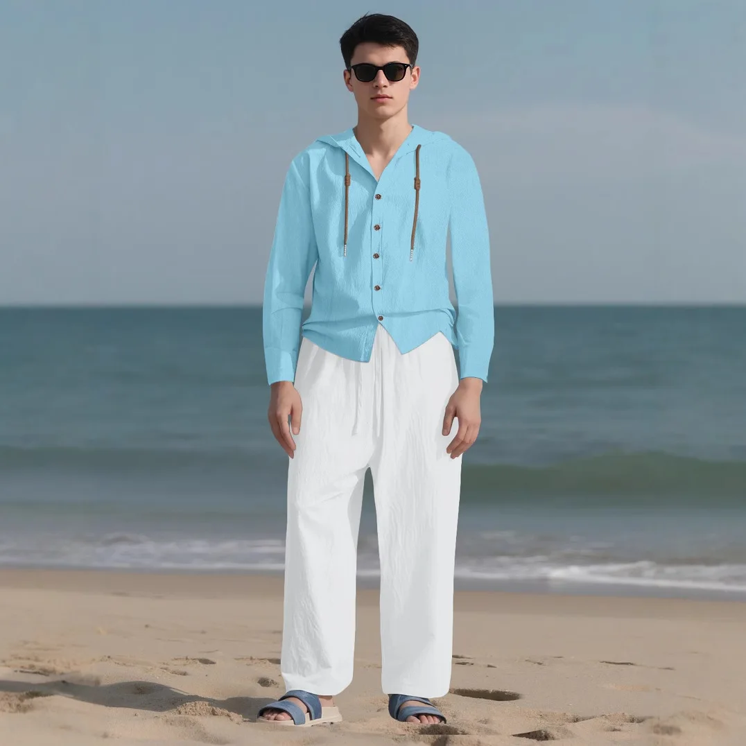2025 Men Linen Hoodie Long Sleeve Shirt Pants Set Spring Summer Casual Pure Color Lightweight Streetwear Loungewear Two Piece Ou - view 2