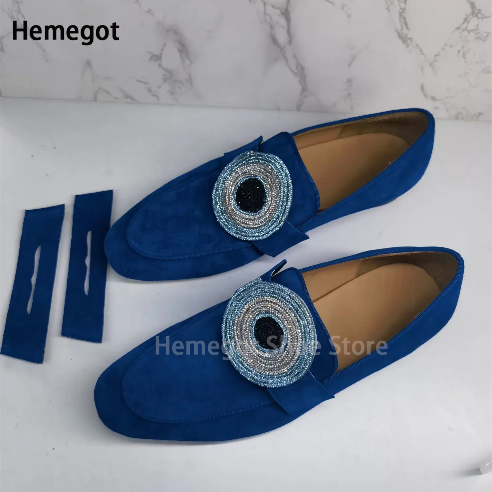 Men Blue Suede Detachable Decoration Loafers Genuine Leather Men Casual Spring Single Shoes Office Business Dress Wedding Shoes