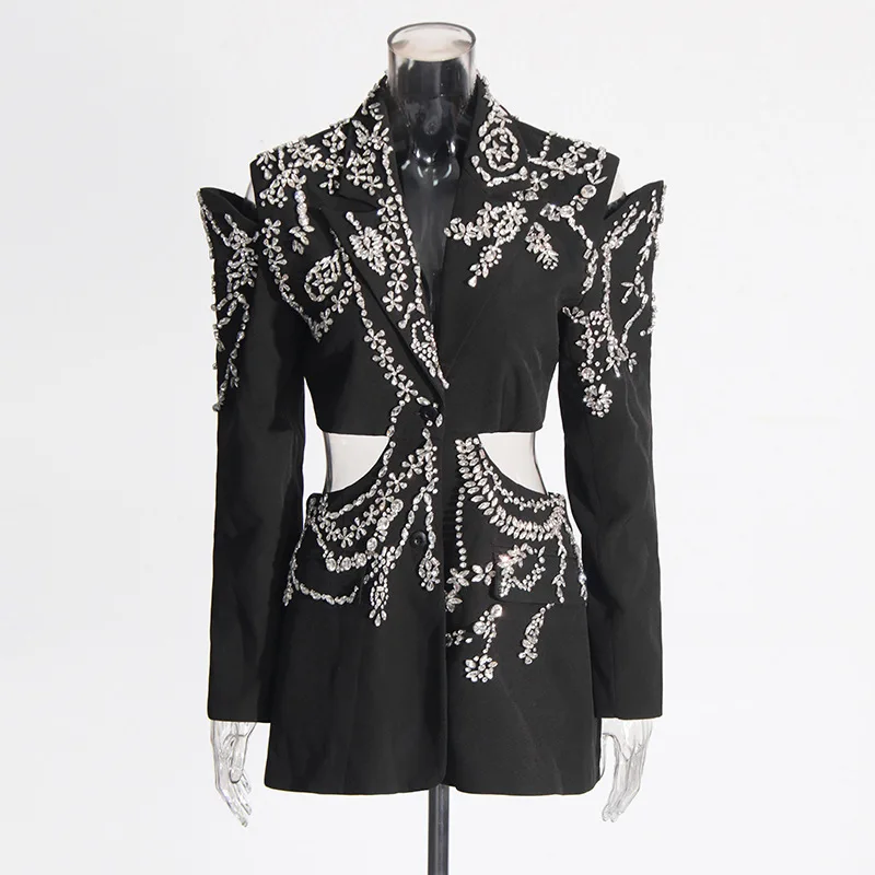 ZOCI Women's Rhinestone Beading Patchwork Blazers Hollow Out Suit Jackets Unique Design Female Coats 2025 Spring New FC1243