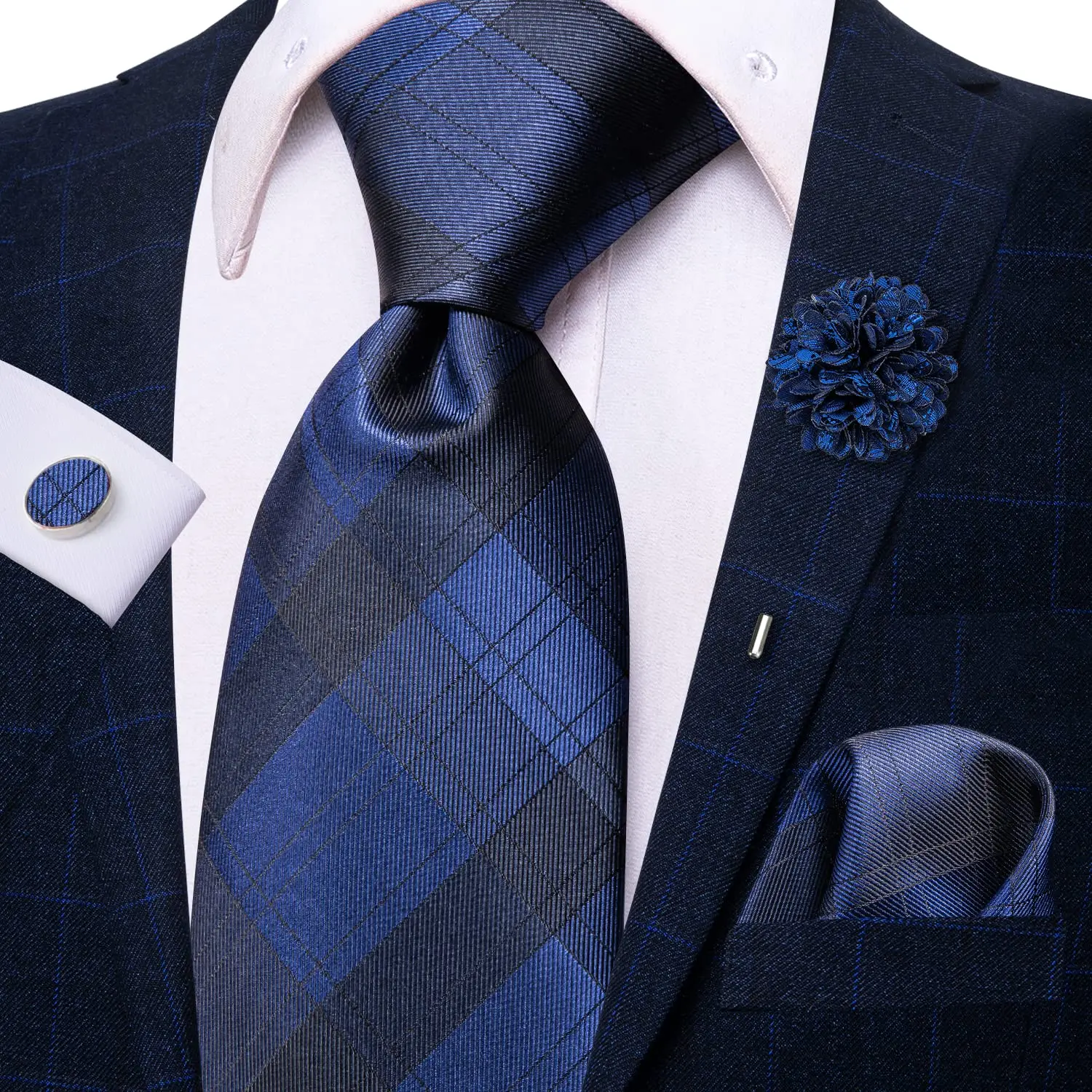 

2023 New Navy Blue Plaid Hi-Tie Designer Mens Necktie Luxury 8.5cm Silk Business Tie Hanky Cufflink Brooch Wedding Tie For Men