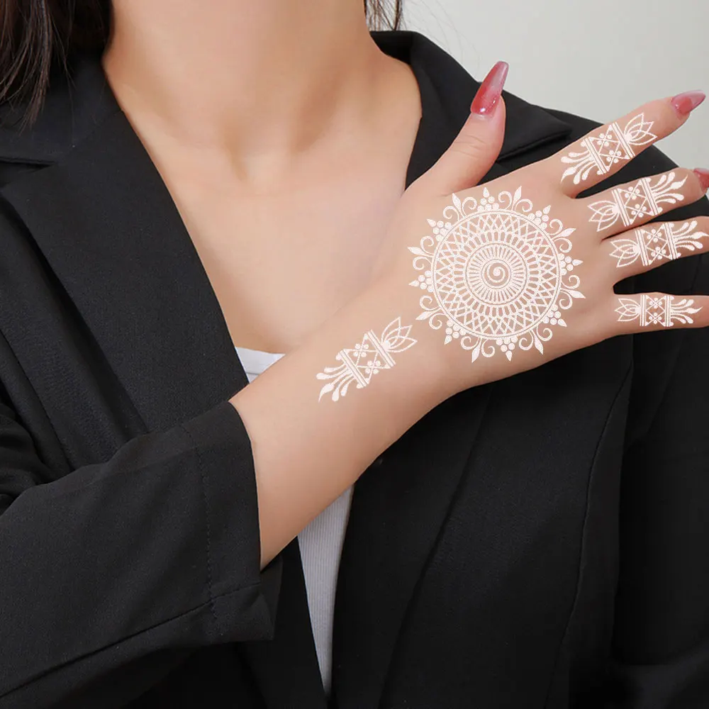 White Henna Tattoos for Women Flower Temporary Tattoo Sticker for Hand Body Art Sticker Henna Transfer Tattoo Wedding view 3