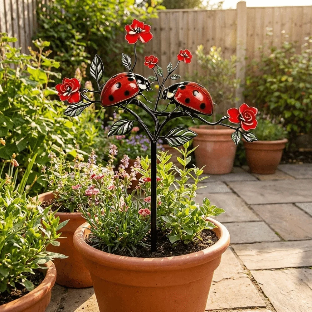 2D Flat Red Bird Garden Stake Iron Animals Pattern Metal Garden Stake Funny Handmade Flower Branch Ground Plug Home Courtyard