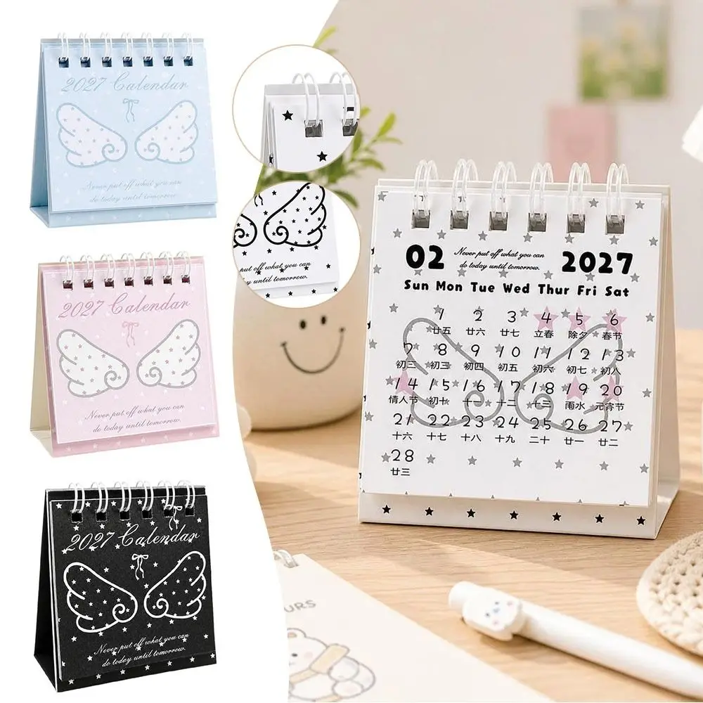 Paper Tabletop Calendar Spiral Bound Standing Mini Desk Calendar Star Pattern Angel Wing Pattern Flip Calendar Study Desk Decor