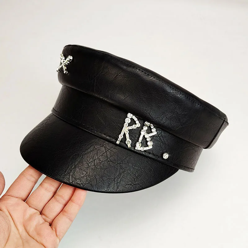 New Designer PU Leather Newsboy Caps Women Diamond Letter Flat Top Cap Solid Color Militray Hat Fashion Streetwear Navy Hat