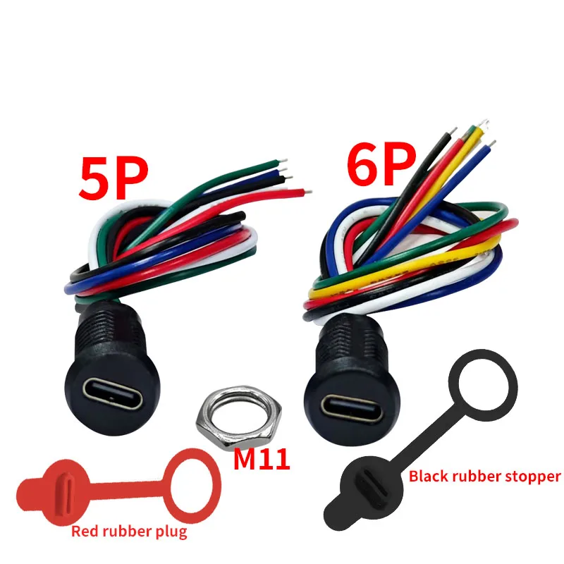 5 Pieces of Typec 5P Connector USB-C 6-Pin Waterproof Locking Nut PH2.0 Installation TPC Panel Welding Wire 24AWG Interface