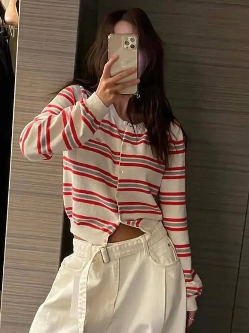 

Chic Spring New Classic Striped Round Button Up Knitted Open Cardigan Soft Color Design Women's Sweater
