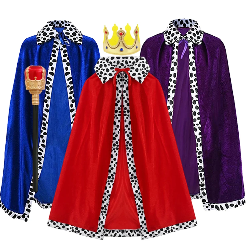 Boys King Red Cloak for Adult Kids Prince Robe Crown Velvet Cape Children Birthday Halloween Party Cosplay Costume Accessories