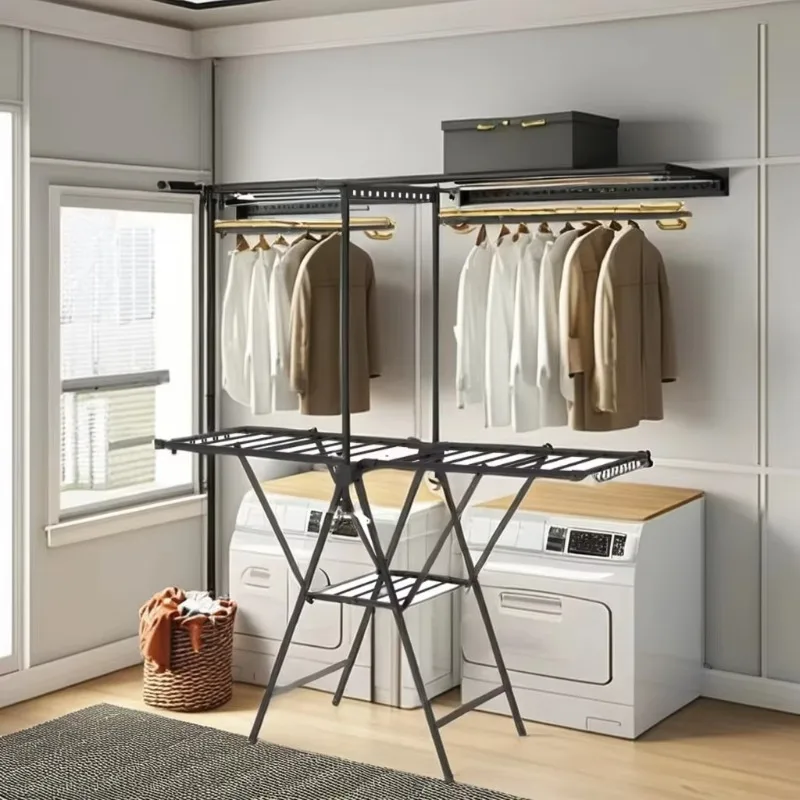 Dual-Use Folding Metal Floor Drying Rack Portable Foldable Storage for Clothing Bathroom Living Room Standing Type Installation