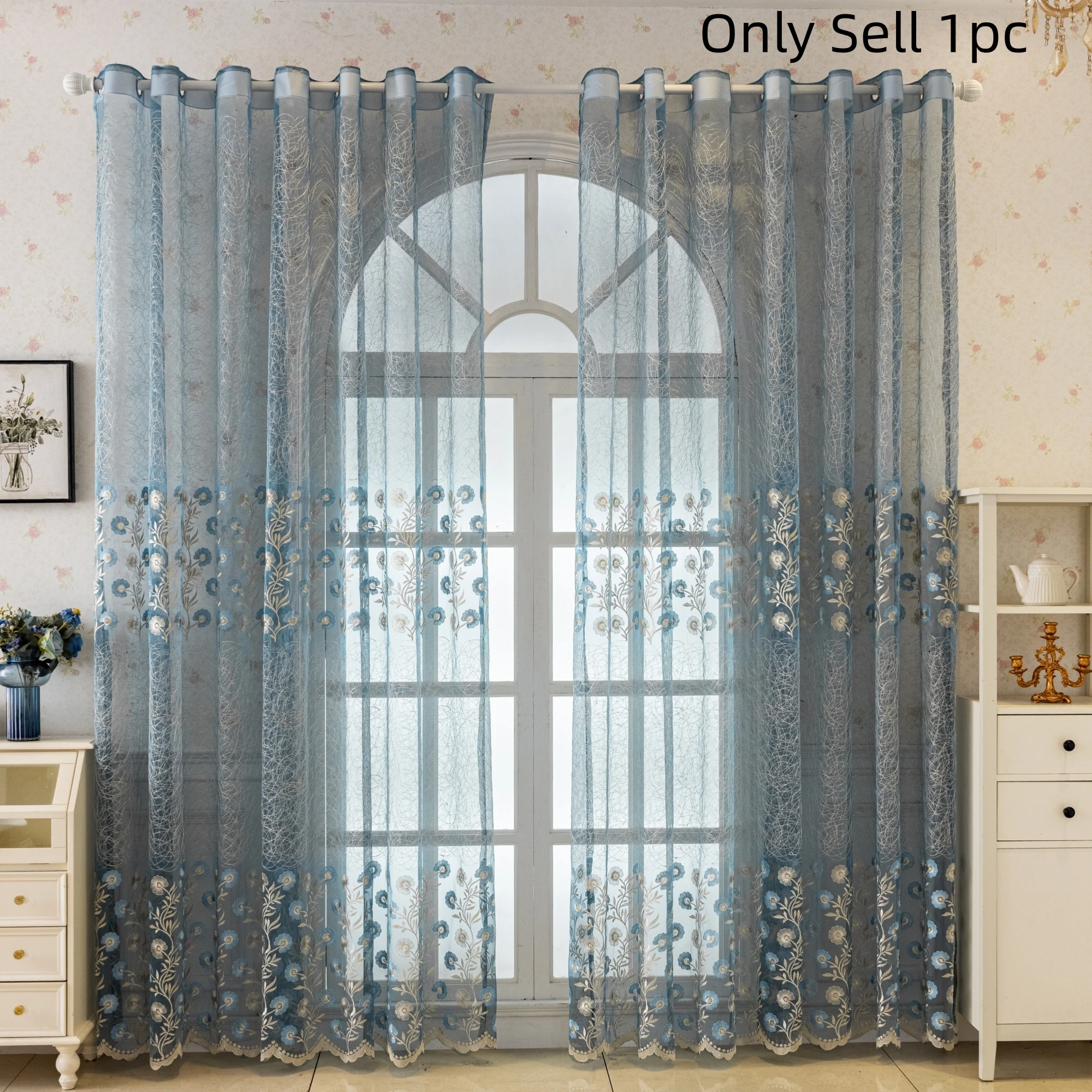 1pc French Romantic Misty Blue Floral Lace Sheer Curtains, Embroidery Grommet Top Light Filtering