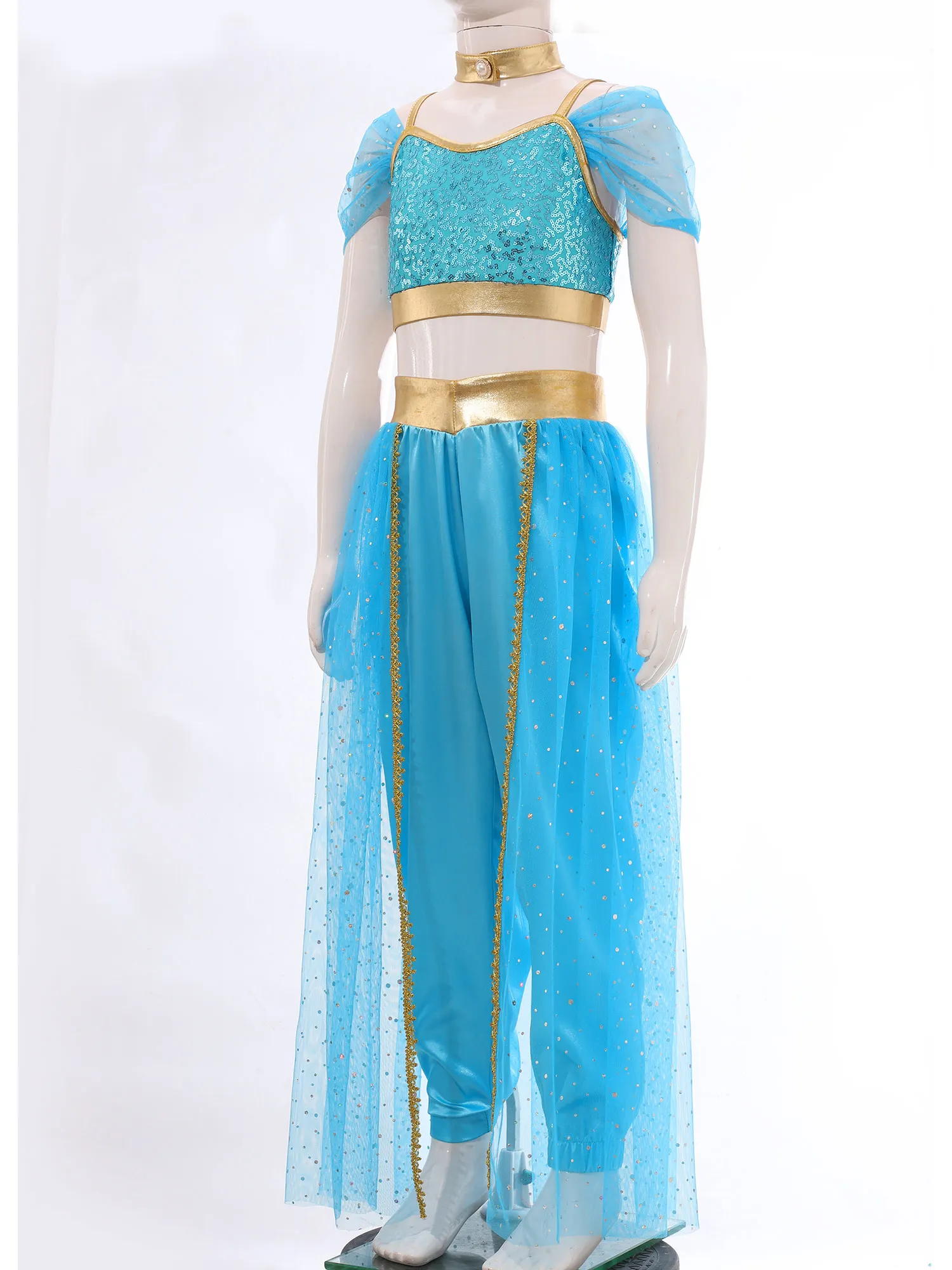 Kids Girls Arabian Princess Costume Cosplay Shiny Sequins Crop Top Pants Outfit for Halloween Party Belly Dance Performance