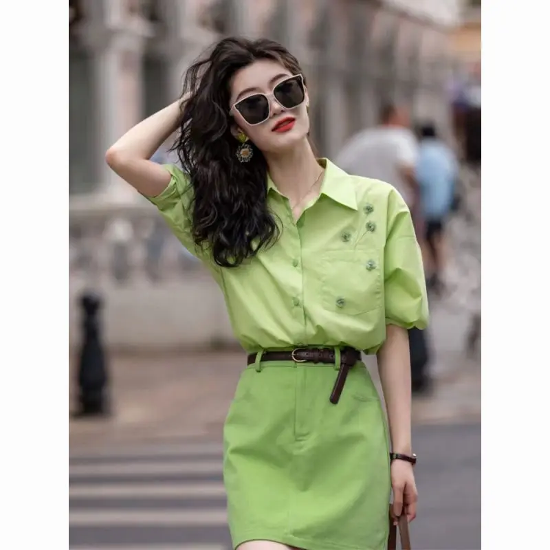 

Summer Outfits 2023 New Sen Embroidery Short Sleeve Shirt A-line High Waist Slim Short Skirt Pants Two Piece Set for Women