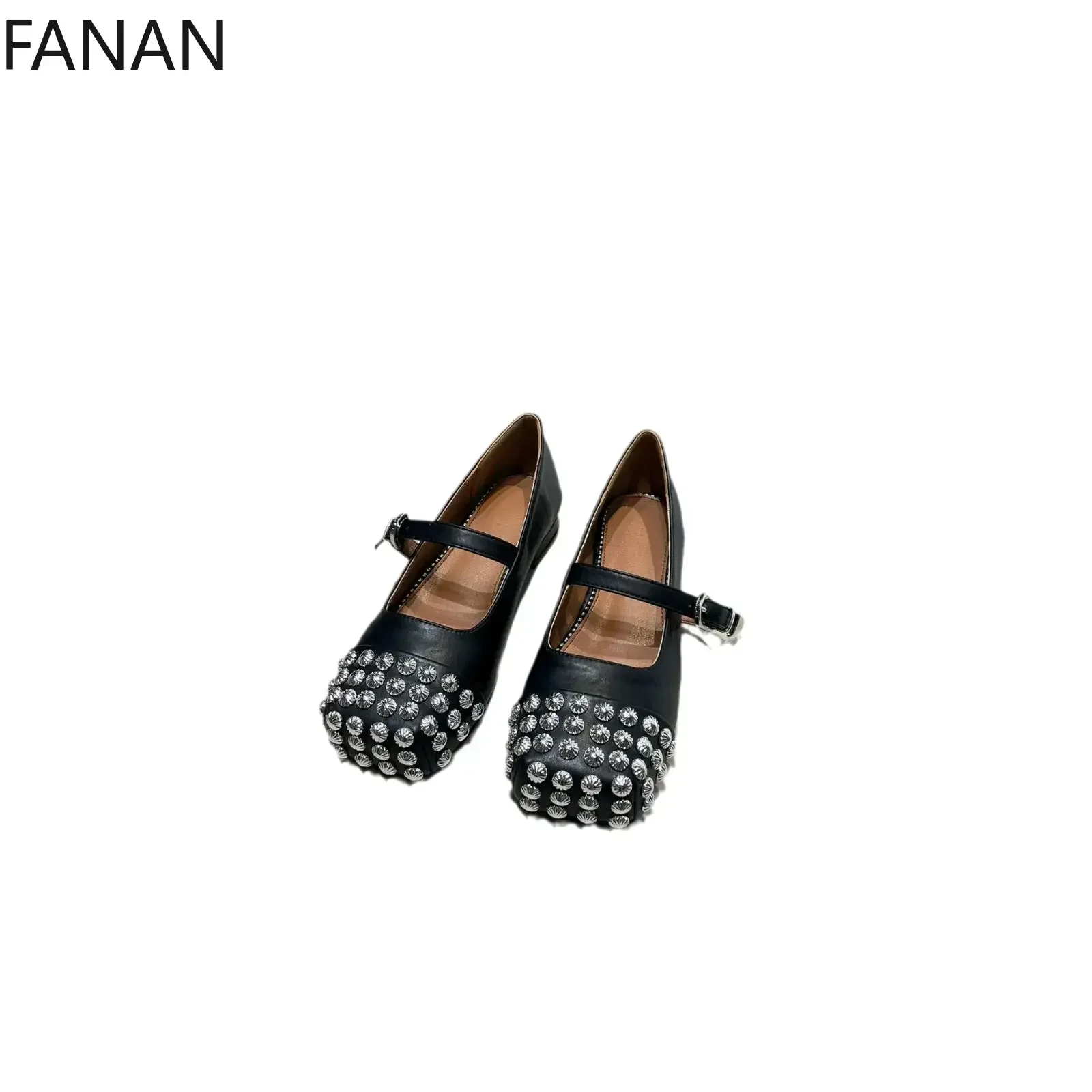 2025 Original Rivet Low Heel Pumps Square Head Ballet Shoes Retro Mary Jane One Word with Ins Flat Shoes black Women's