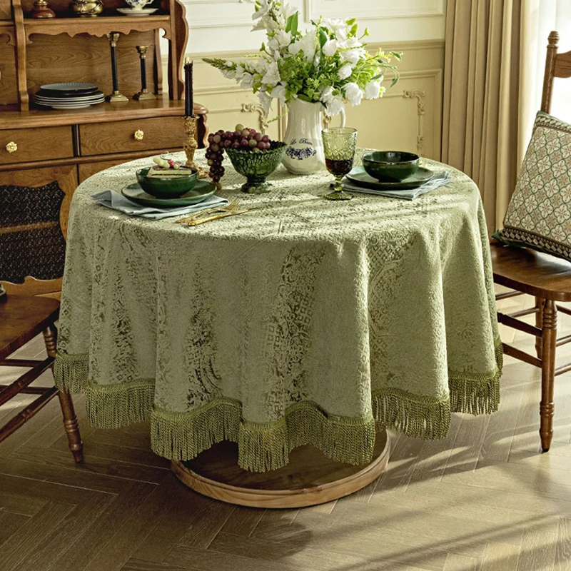 Round Tablecloth Retro Green Jacquard Table Cloth Home Decoration Dining Room Tassel Table Cover Dinner Party Coffee Tablecover