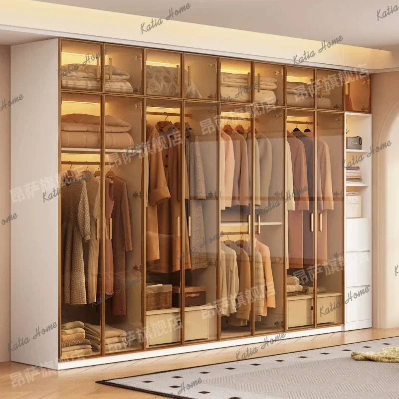 FG Minimalist Modular Spliced Clothes Armoire Customizable Size Solid Wood Storage Wardrobe with Transparent Display Glass Panel