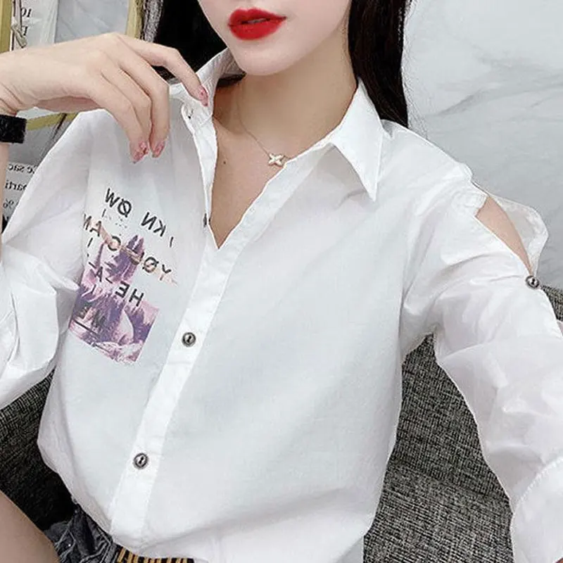 Korean Fashion Printed Letter Blouse 2023 Summer Casual Off Shoulder Spliced Women\'s Clothing Single-breasted 3/4 Sleeve Shirt