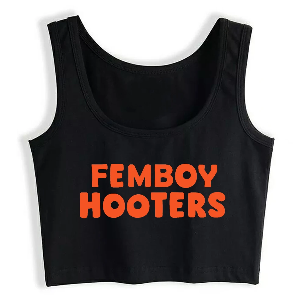 Femboy hooters texto impressão moda estilo de rua alta colheita topo feminino sexy treinamento regatas ginásio fitness camisola