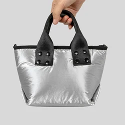 Fashion Small Puffer Tote Bag Silver Padded Women Handbags Lightweight Nylon Wide Strap Shoulder Crossbody Bags 2024 New