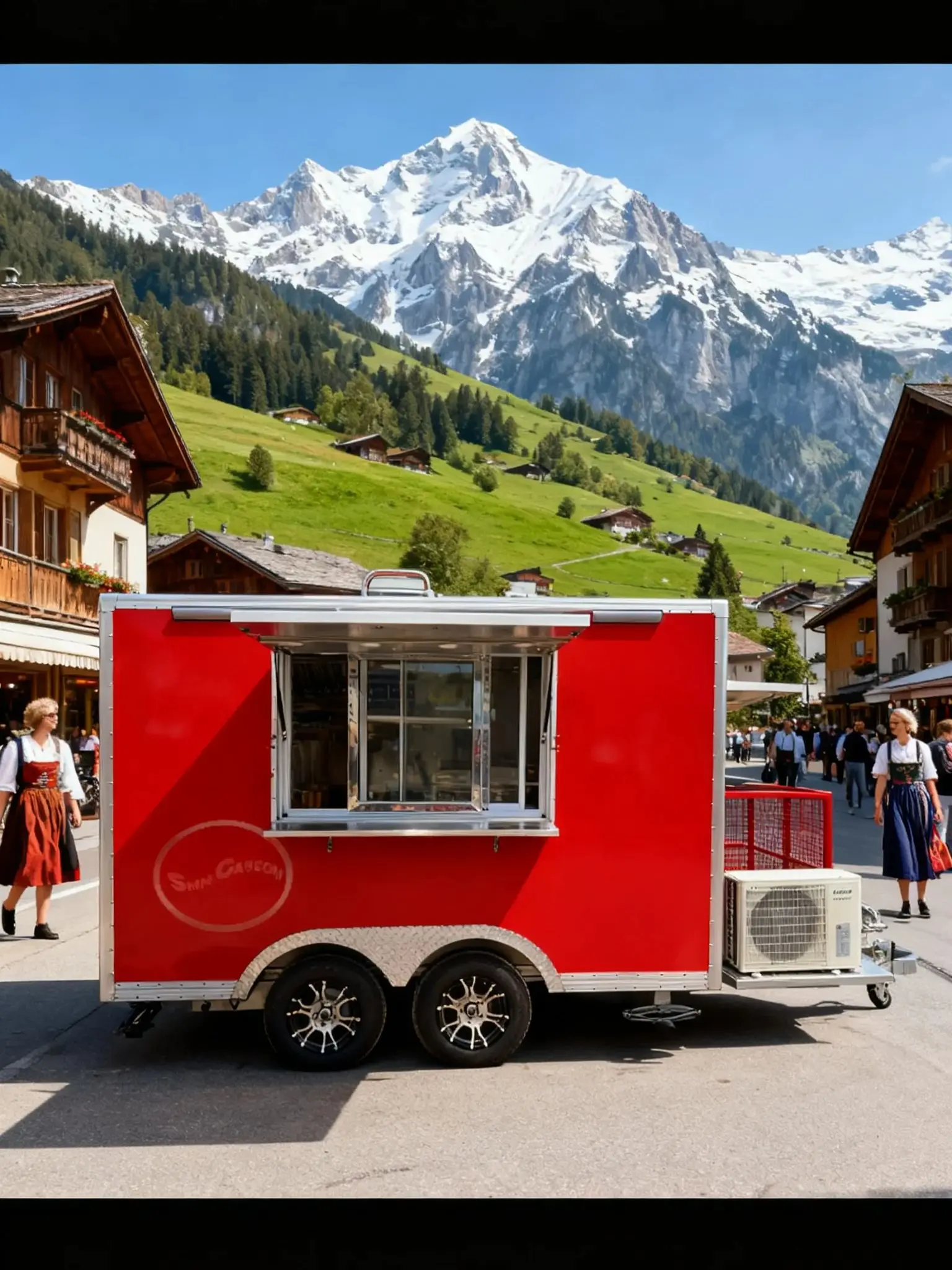 

Outdoor Food Trailer Main Body Bright Red with Silver Borders Dual-Wheel Design Mobile Kitchen with Side Sales Window