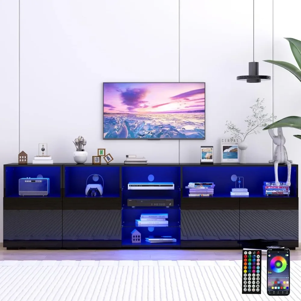 LED-TV-Ständer für 85/75/65-Zoll-Fernseher, hochglänzende moderne Fernseher, Konsole, Entertainment-Center mit Stauraum und LED-Leuchten, TV-Ständer