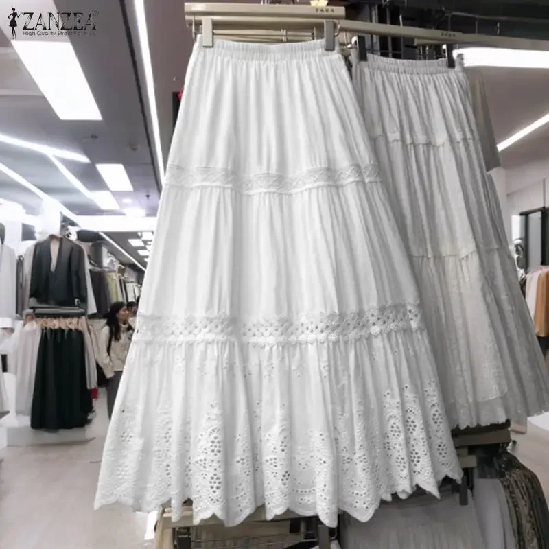 

2026 ZANZEA Fashion Women Lace Maxi Skirts High Waist Casual Solid Party Jupes Faldas Saia Autumn Elastic Waist Long Bottoms 3XL